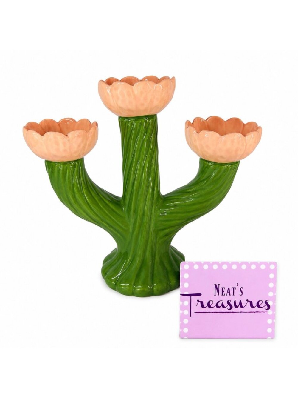 Threshold Target GREEN CACTUS Peach Flowers Ceramic Candle Holders Candelabra